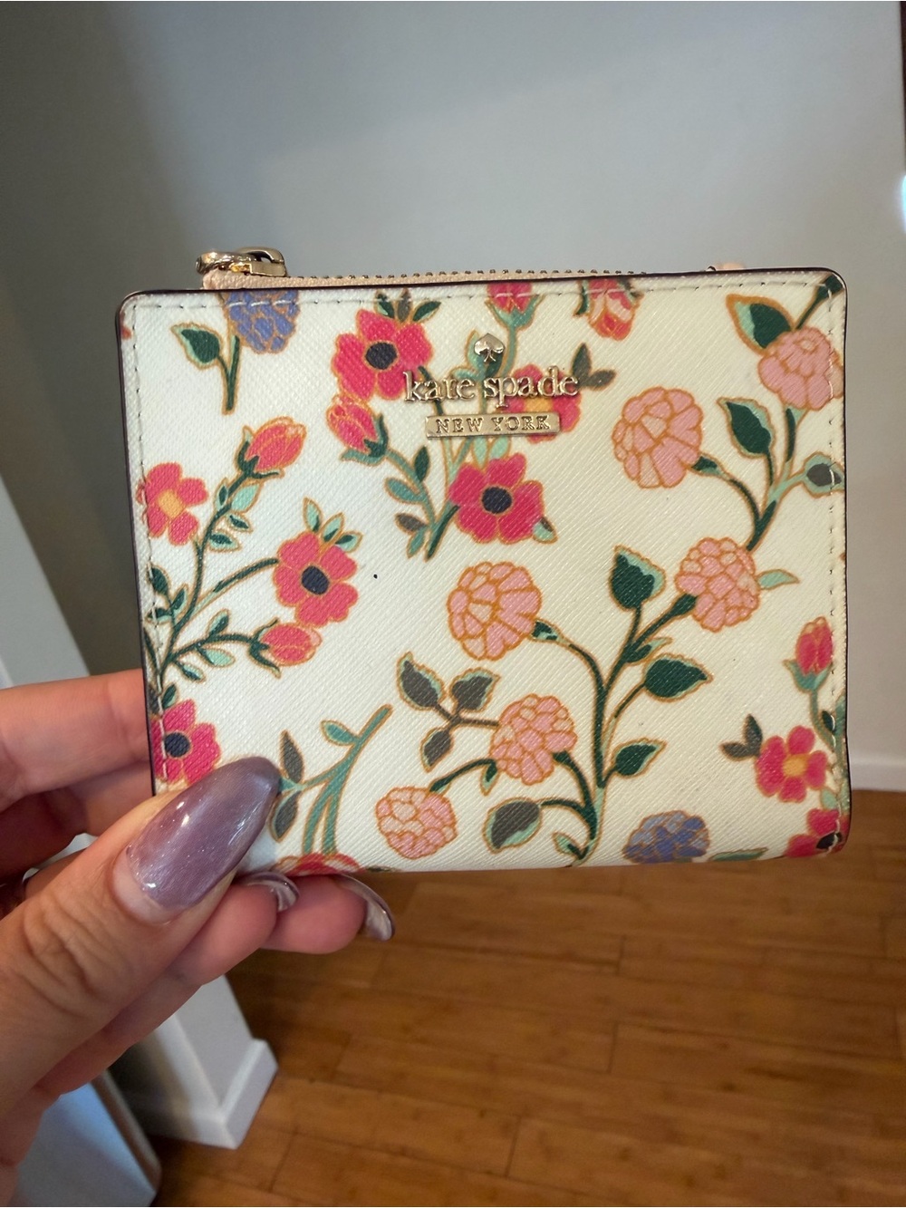 kate spade cream floral zip card wallet with pink & green accents